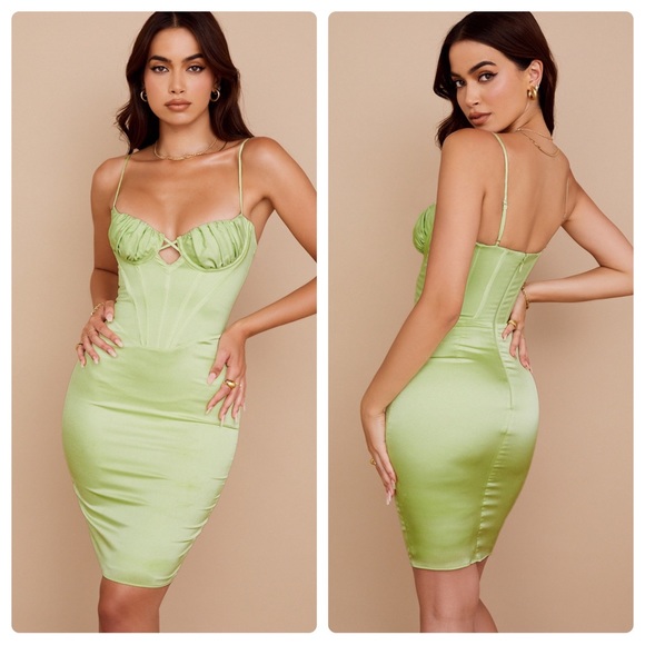 House of CB Nathalia Midi Dress Satin Pistachio Green Size Large - Picture 2 of 16